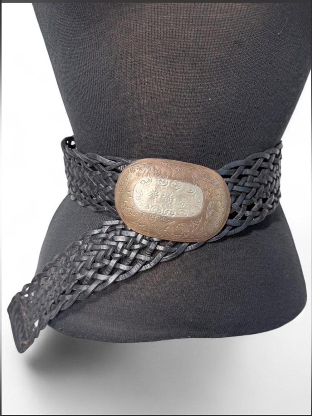Vintage Moroccan Woven Leather Belt Brass Buckle Boho Western